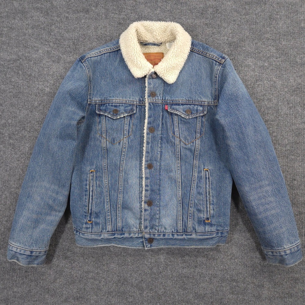Levis Sherpa Lined Denim Trucker Jacket Mens Small Blue Medium Wash Snap Front